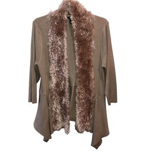 Lauren Michelle Woman 2X Beige Taupe Faux Fur Open Front Cardigan Sweater Duster
